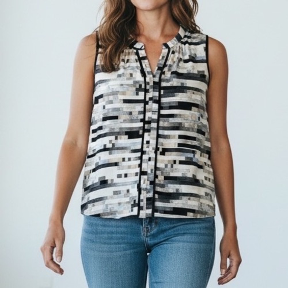 Calvin Klein Womens Sleeveless VNeck Geometric Abstract Blouse Black White Small